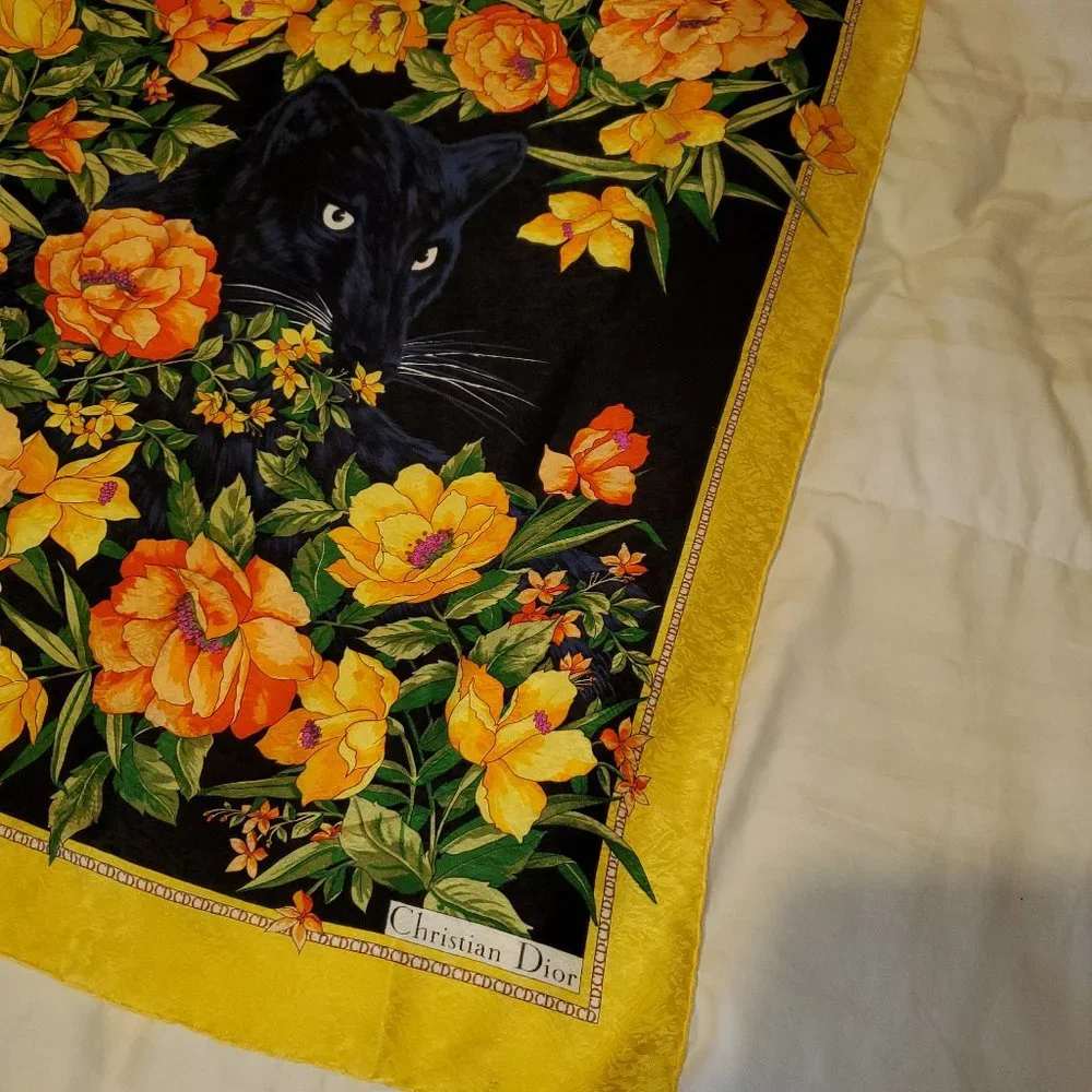 Authentic Vintage Christian Dior 100% Silk Scarf - Yellow, Black Panther, Floral